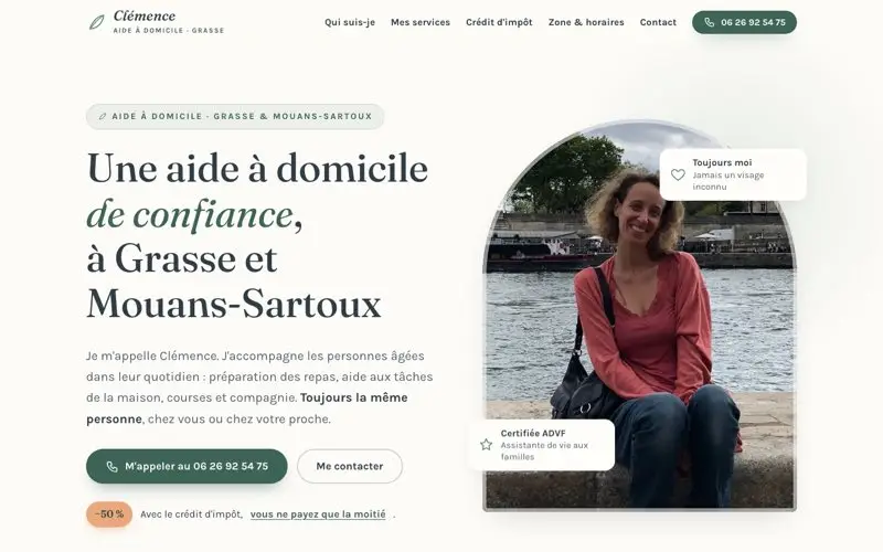 Page d'accueil du site Clémence, aide à domicile
